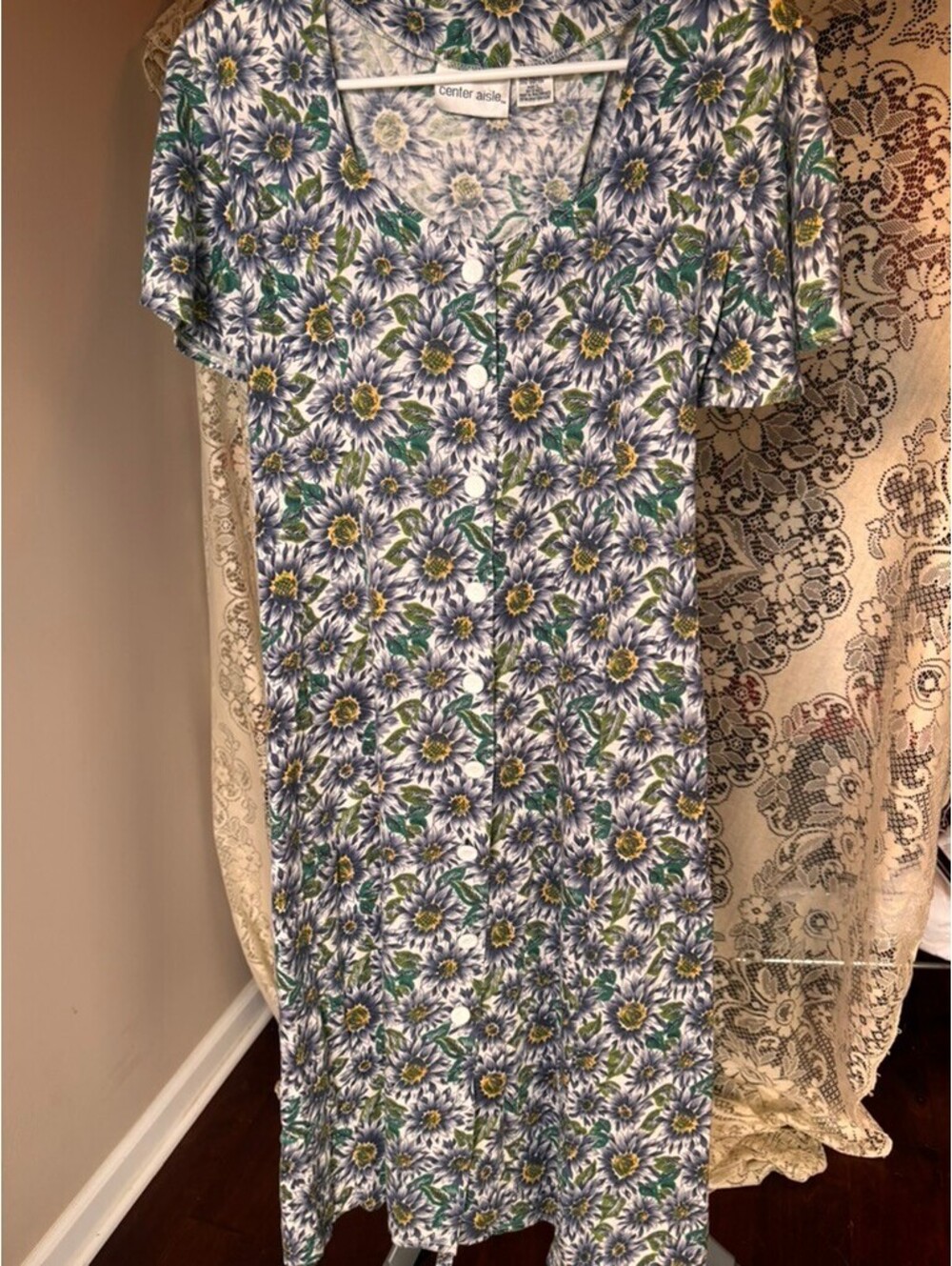 Vintage Blue Floral Button Front Midi Dress Cottagecore Daisy Print